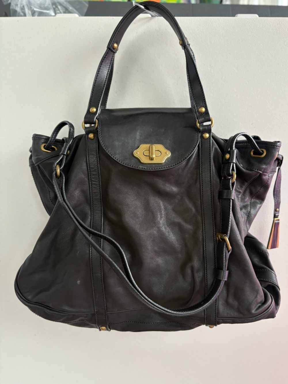 Olivia Harris by Joy Gryson Black Lambskin Leather Slouchy Turnlock Satchel Bag